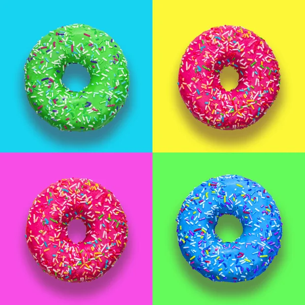 Çok renkli arka planlarda çok renkli jöleli çörekler. Kusursuz donut deseni