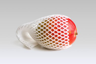 Mango fruit in a mesh protective sleeve made of white food foam for fruit, on a light background clipart