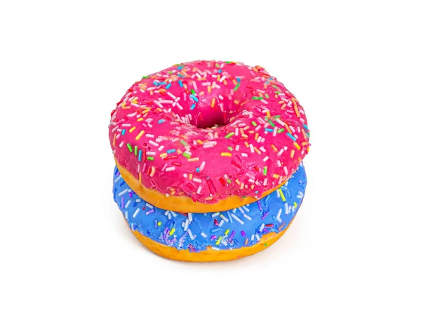 Twee Traditionele Amerikaanse Geglazuurde Donuts Een Blauwe Een Roze Geïsoleerd — Stockfoto