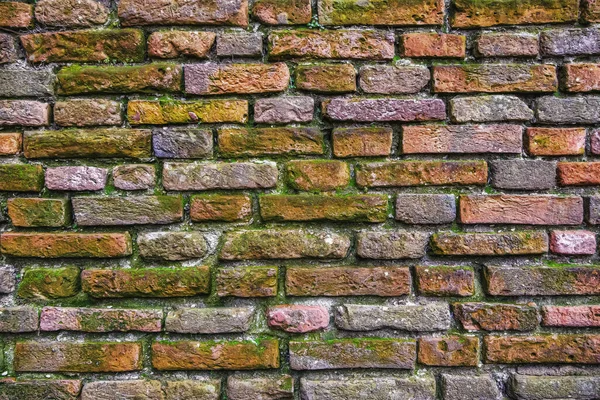 Oude Bakstenen Muur Verweerde Textuur Van Bakstenen Gedeeltelijk Bedekt Met — Stockfoto