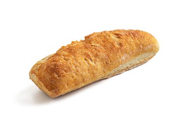 Beyaz bir arka planda izole edilmiş, altın, çıtır çıtır çıtır, taze pişmiş mini baget.
