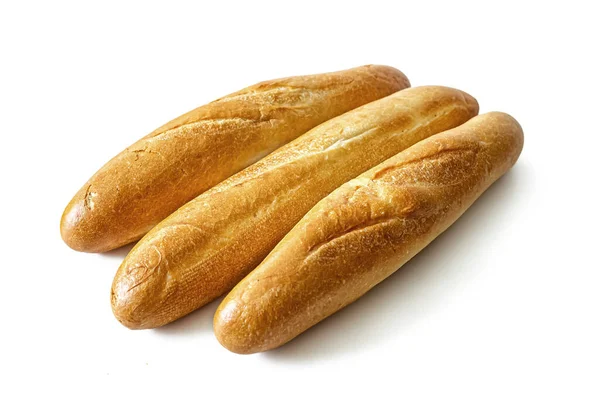 Três Mini Baguetes Francesas Com Crosta Dourada Crocante Isoladas Sobre — Fotografia de Stock