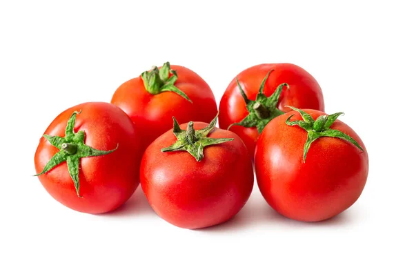 Tomates Vermelhos Maduros Com Estacas Verdes Close Isolados Sobre Fundo — Fotografia de Stock