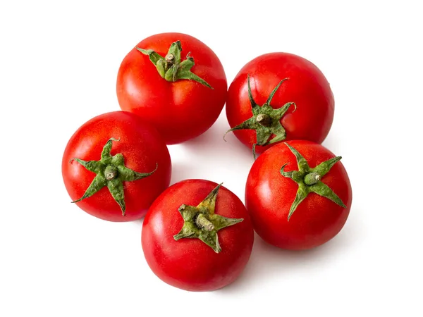 Cinco Tomates Vermelhos Maduros Com Estacas Verdes Isoladas Sobre Fundo — Fotografia de Stock