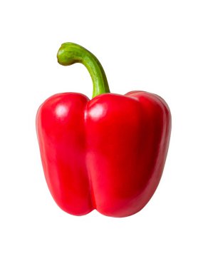 Sulu, olgun dolma biber, parlak kırmızı bir ten ve koyu yeşil bir gövde, beyaz bir arka planda izole edilmiş.