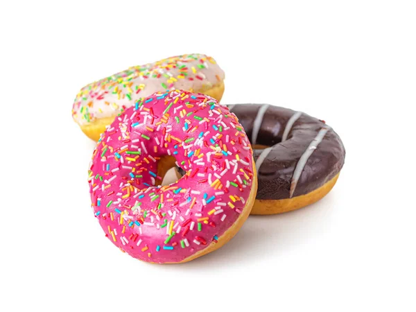 Donuts Com Cobertura Morango Chocolate Baunilha Polvilhas Multicoloridas Isolados Sobre — Fotografia de Stock