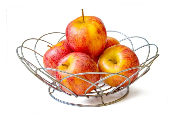 Apples Woven Steel Basket Isolated White Background — Stock Photo, Image