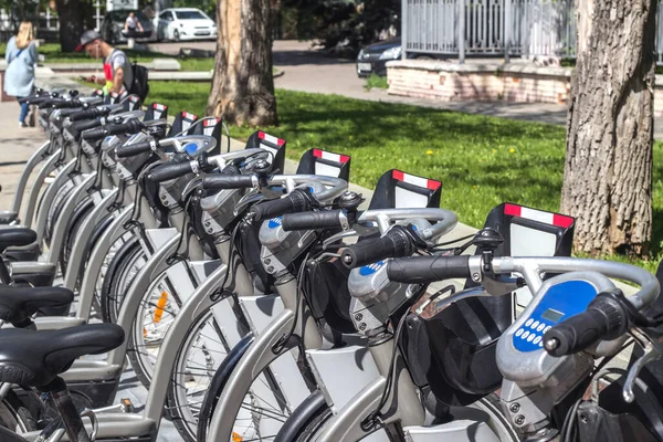 自動レンタカーで灰色の都市自転車の数 — ストック写真