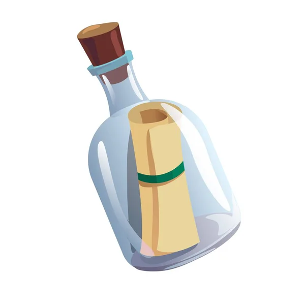 Butelka szklana z korkiem i antycznym zwojem pergaminowym wewnątrz — Wektor stockowy