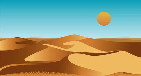 Deserto africano desabitado com dunas de areia e sol escaldante no céu — Vetor de Stock