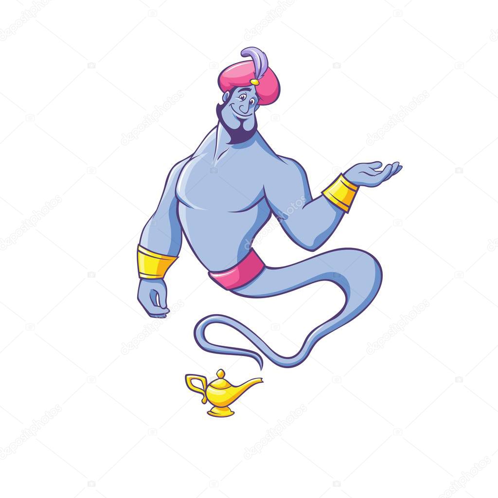 Jinn or genie in turban appearing from golden lamp and making offer