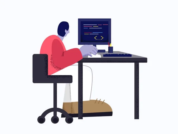Beyaz arkaplanda izole edilmiş bilgisayar kullanarak program kodu ile çalışan modern erkek web geliştirici — Stok Vektör