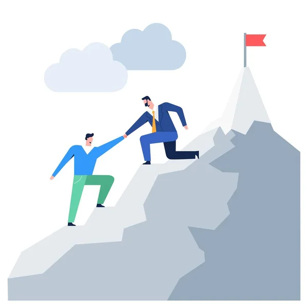 Business people climbing to mountain leader helping colleague reaching goal vector graphic — 스톡 벡터