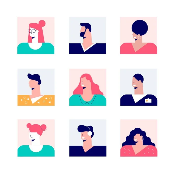Set of nine square avatar of casual modern people vector flat illustration — 스톡 벡터