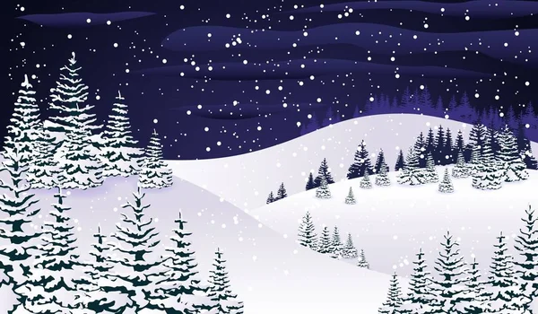 Verschneite Nacht Winter Wald mit Fichten bedeckt von fallendem Schnee und Schneeflocken Vektor Illustration — Stockvektor