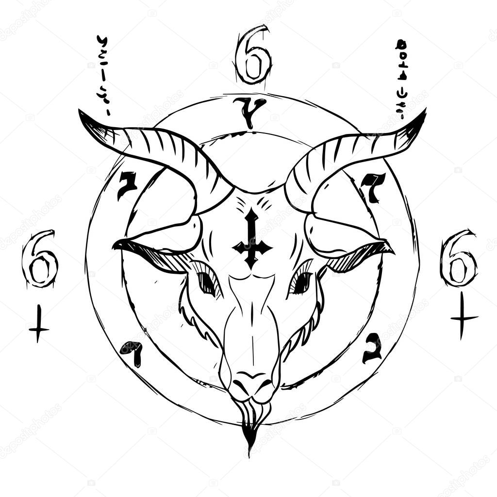 Satanic goat head in occultism circle symbol surrounded by number 666 and Latin inscription