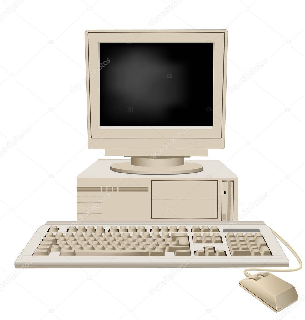 Retro personal computer with system unit large monitor keyboard and mouse vector graphic illustration