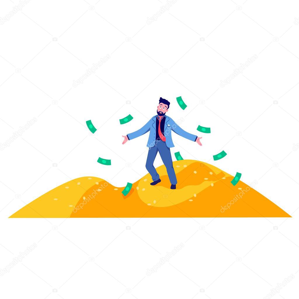 Rich cartoon business man standing on mountain of gold coins vector flat illustration