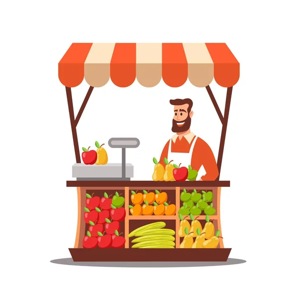 Tarım dükkanında çalışan gülümseyen sakallı erkek karakter.