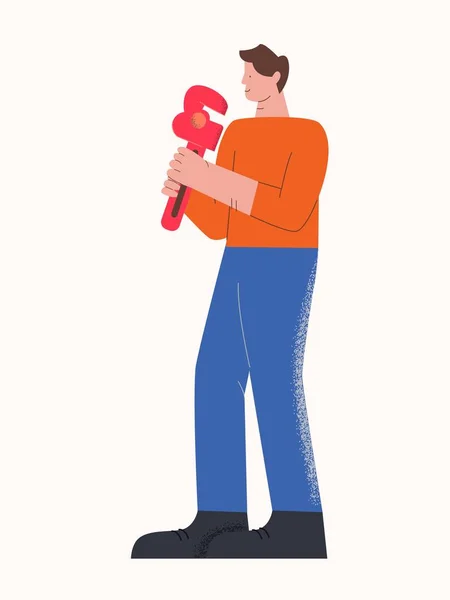 Homme caractère occasionnel sourire outil plombier portant isolé sur blanc — Image vectorielle