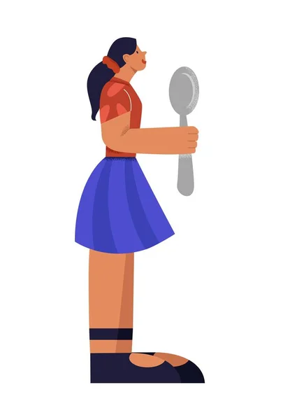 Cartoon character teenager girl holding spoon ready to degustation big limbs style — 스톡 벡터