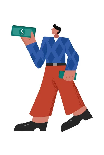 Успешный случайный мультяшный мужчина держит пачку наличных денег обратно возврат больших конечностей стиле — стоковый вектор
