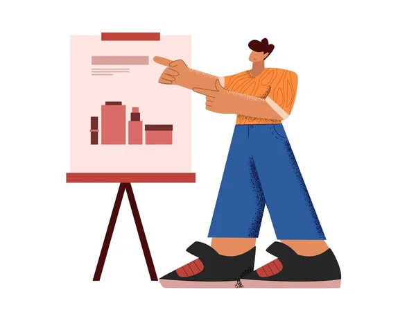 Desenhos animados do sexo masculino apresentando dados de marketing na tela de apresentação placa apontando em gráficos — Vetor de Stock
