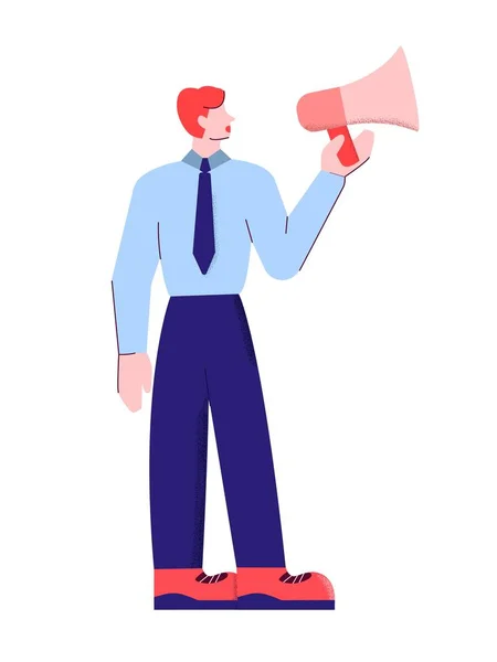 Desenhos animados masculino em terno embaixador da marca falando usando megafone isolado no branco — Vetor de Stock