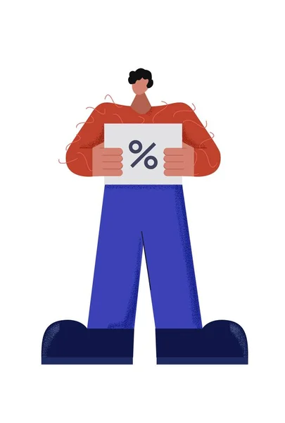 Personagem masculino casual segurando bilhete de desconto com por cento sinal vetor plana ilustração — Vetor de Stock