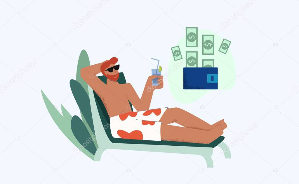 Relaxed male lying on deck chair with juice enjoying passive income vector flat illustration