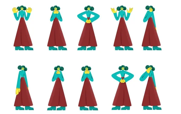 Set of cartoon female character in glasses showing different emotions big limbs style — 스톡 벡터