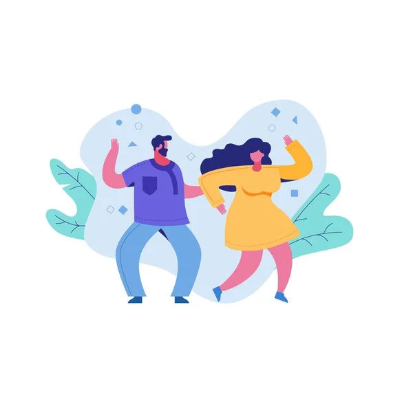 Cartoon caricature couple woman and man dancing actively. — 스톡 벡터