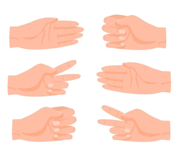 Cartoon human hand rock, scissors, paper game gestures set vector graphic illustration — 스톡 벡터