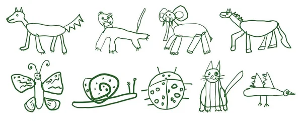Zestaw szkiców dla dzieci zwierząt narysowanych ręcznie. — Wektor stockowy