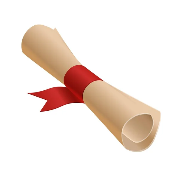 Un diploma retorcido atado con una cinta roja . — Vector de stock