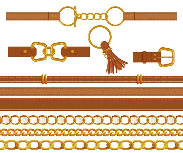 Set of gold chains and brown leather belts. — Stock Vector