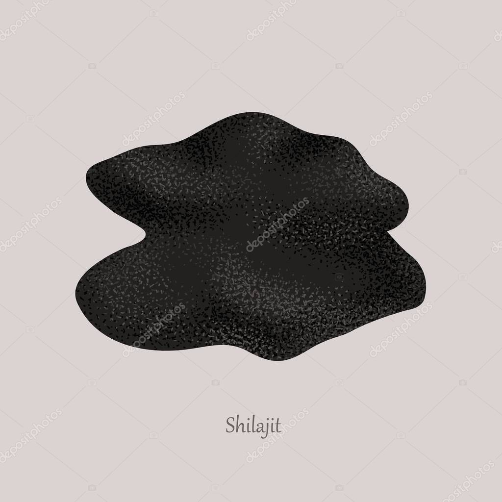 Shilajit or mumijo organic mineral product. Black mineral on a gray background and logo.