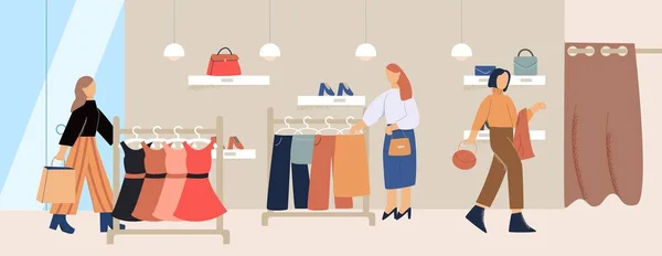 Γελοιογραφία θηλυκό πελάτη μέσα μοντέρνα ρούχα κατάστημα διανυσματική επίπεδη απεικόνιση — Διανυσματικό Αρχείο