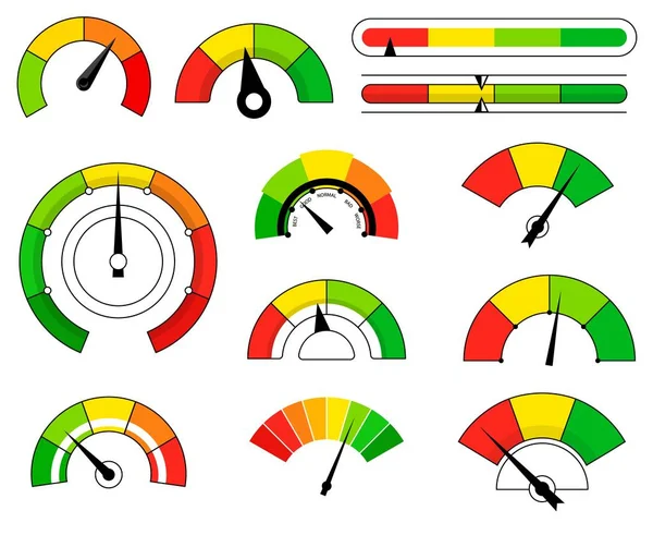 Conjunto de escala de dibujos animados de diferentes colores con flecha aislada sobre fondo blanco — Vector de stock