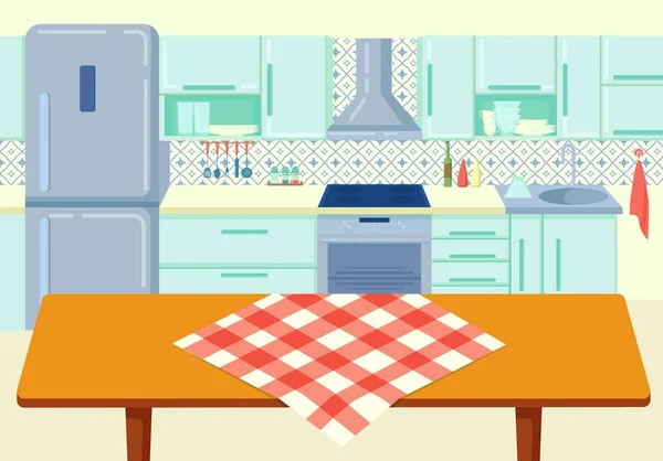 Mesa de cocina de madera de dibujos animados con mantel en la ilustración del vector de fondo de cocina — Vector de stock