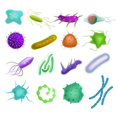 Mikroskop altında çizgi film virüsleri ve bakteri simgeleri.