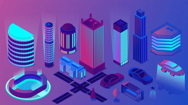 Night neon business center of modern city vector isometric illustration — Stock Vector