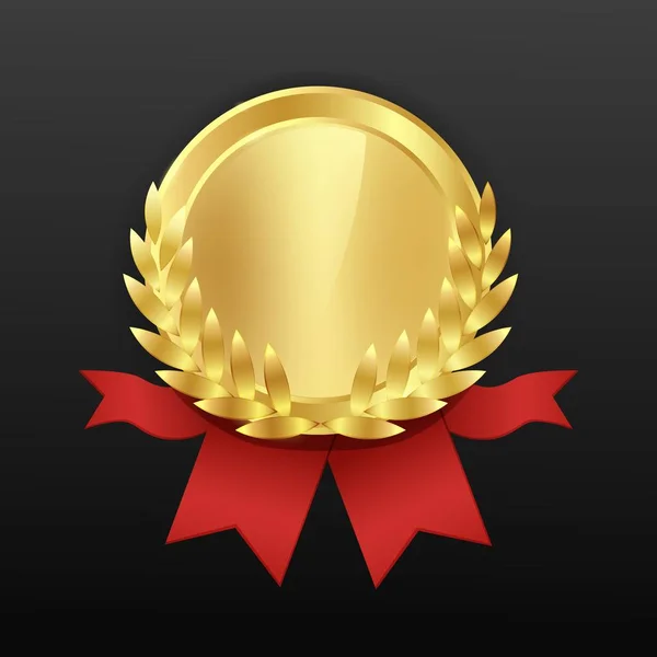 Gold round medal with a red ribbon and a wreath. — 스톡 벡터
