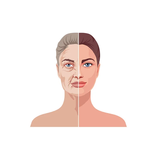 Envelhecimento facial feminino isolado em fundo branco ilustração gráfica vetorial — Vetor de Stock