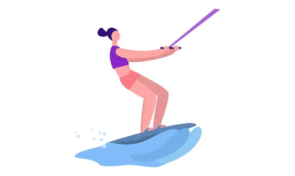 Active female practicing extreme sport wakeboarding vector flat illustration — 스톡 벡터
