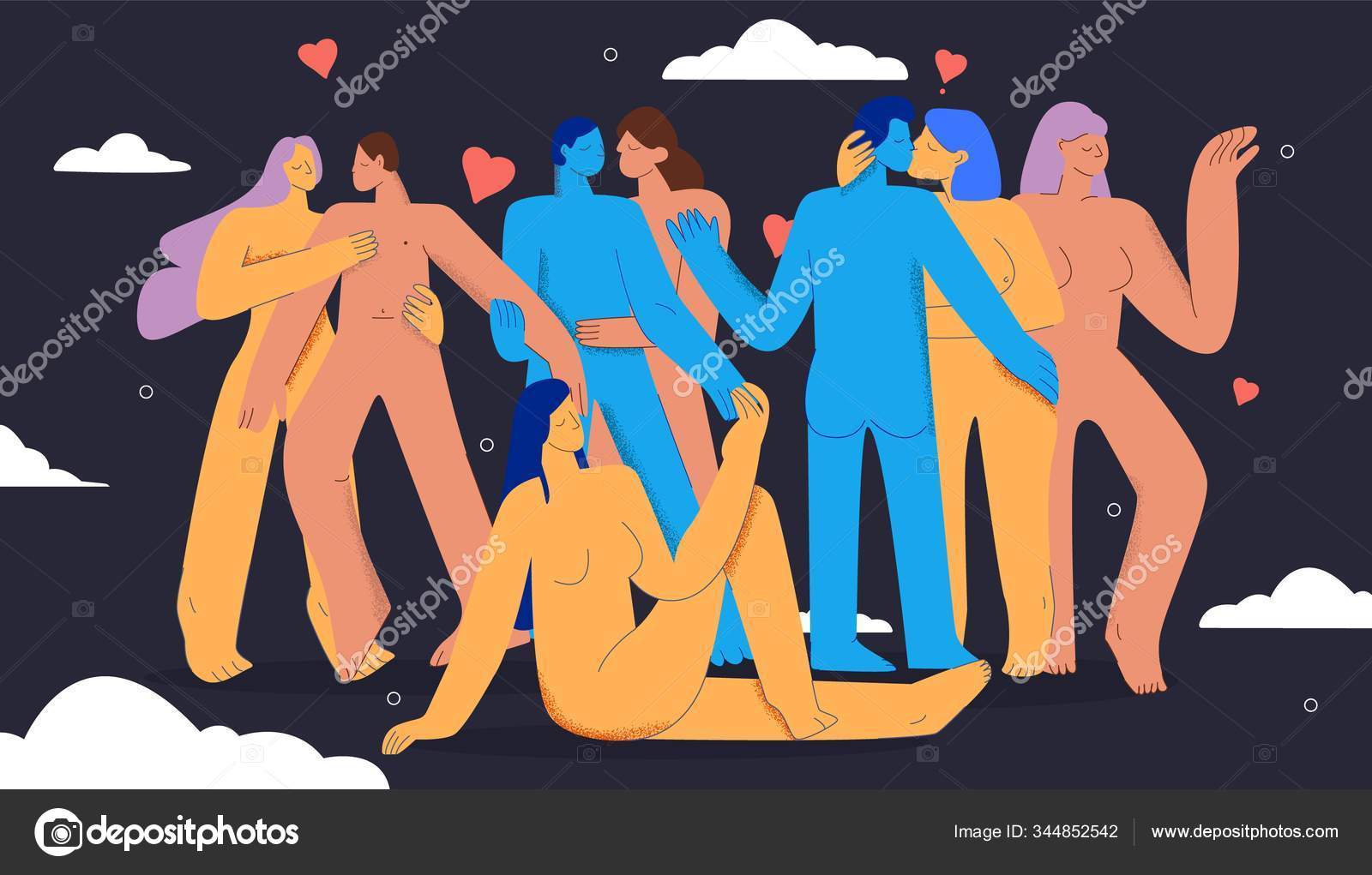 Cartoon naked man and woman kissing and hugging at swinger party Stock Vector by ©pegasustudio 344852542 picture pic