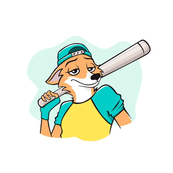 Retrato de agradável sorridente raposa jogador de beisebol vetor ilustração gráfica — Vetor de Stock