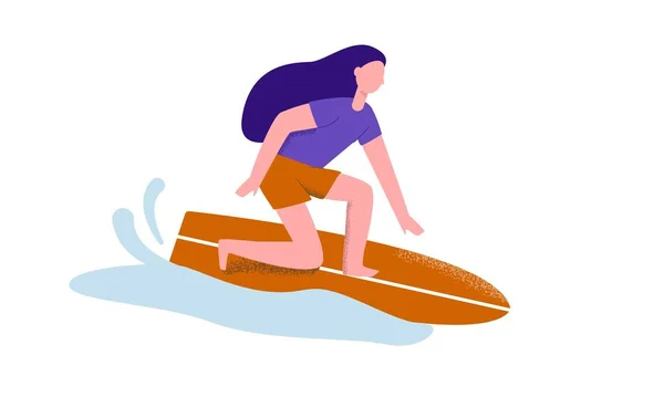 夏季活动妇女在矢量平面图上进行波浪式冲浪 — 图库矢量图片