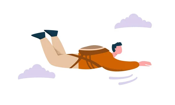 Skoczek spadochronowy człowiek latający z podniesionymi rękami otoczony chmurami wektor płaska ilustracja — Wektor stockowy