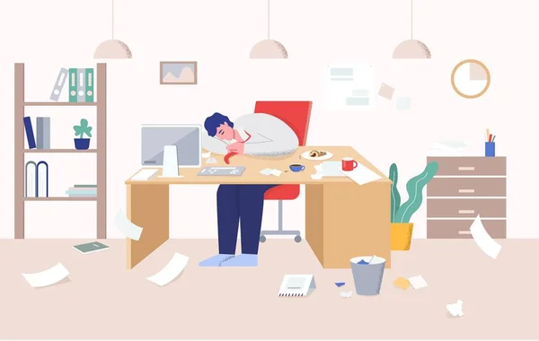 Uomo stanco in tuta che dorme sulla scrivania al lavoro circondato da caos vettore illustrazione piatta — Vettoriale Stock